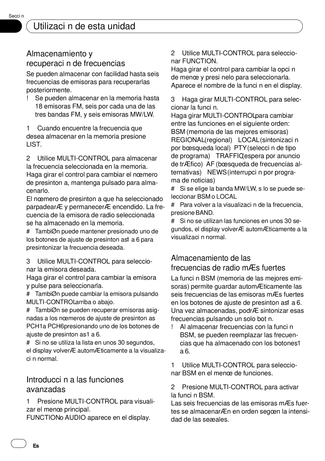 Pioneer DEH-P65BT operation manual Almacenamiento y recuperación de frecuencias, Introducción a las funciones avanzadas 