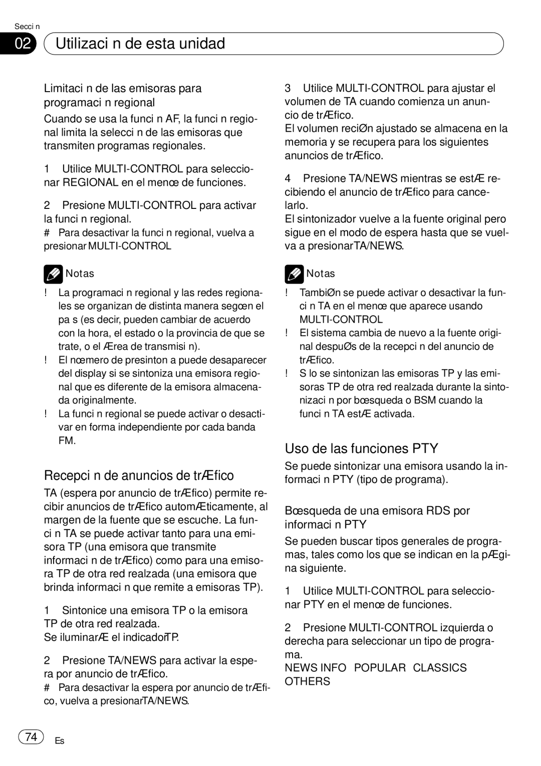 Pioneer DEH-P65BT operation manual Recepción de anuncios de tráfico, Uso de las funciones PTY 