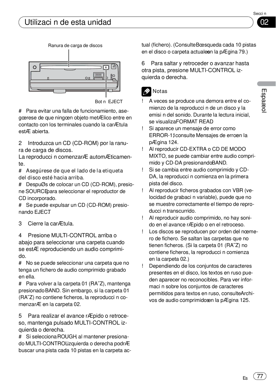 Pioneer DEH-P65BT operation manual Ranura de carga de discos Botón Eject 