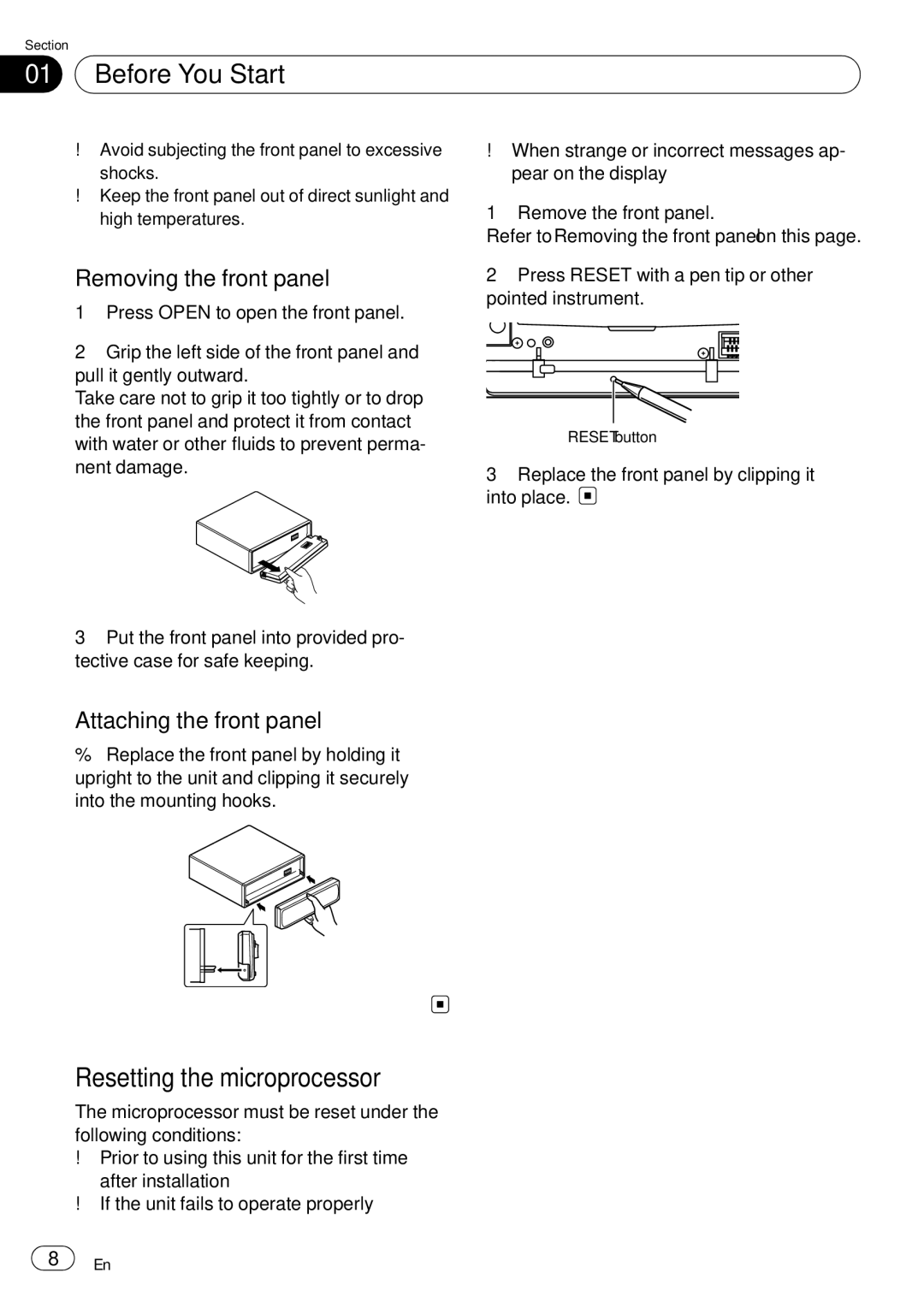 Pioneer DEH-P65BT operation manual Resetting the microprocessor, Removing the front panel, Attaching the front panel 