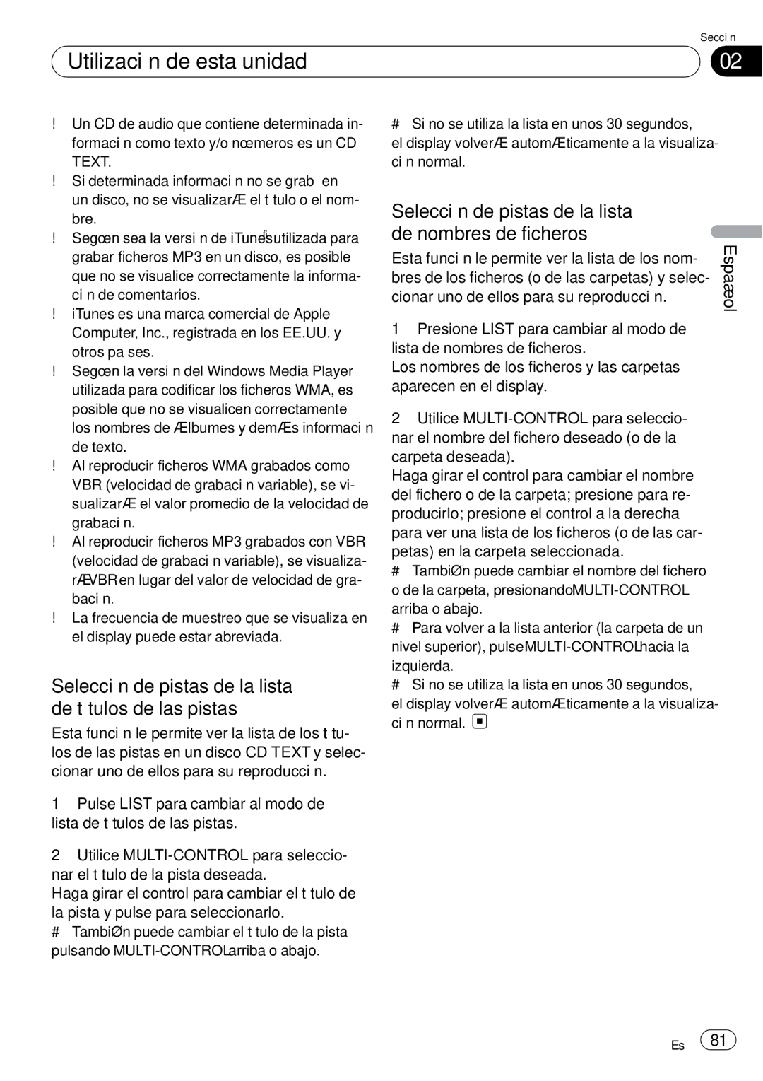 Pioneer DEH-P65BT Selección de pistas de la lista de títulos de las pistas, Petas en la carpeta seleccionada 