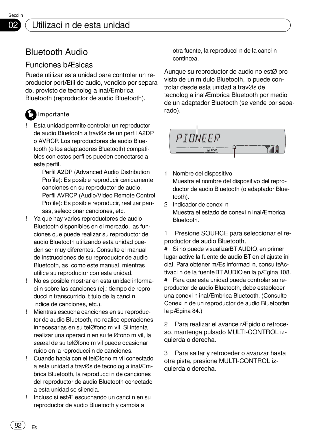 Pioneer DEH-P65BT operation manual Utilización de esta unidad Bluetooth Audio, Continúa 