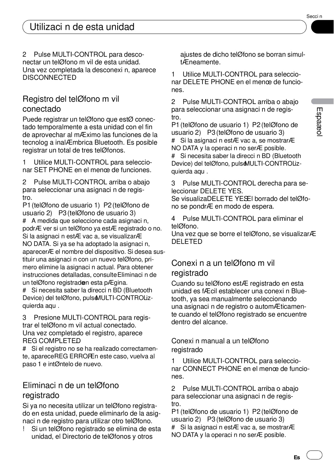 Pioneer DEH-P65BT operation manual Registro del teléfono móvil conectado, Conexión a un teléfono móvil registrado 