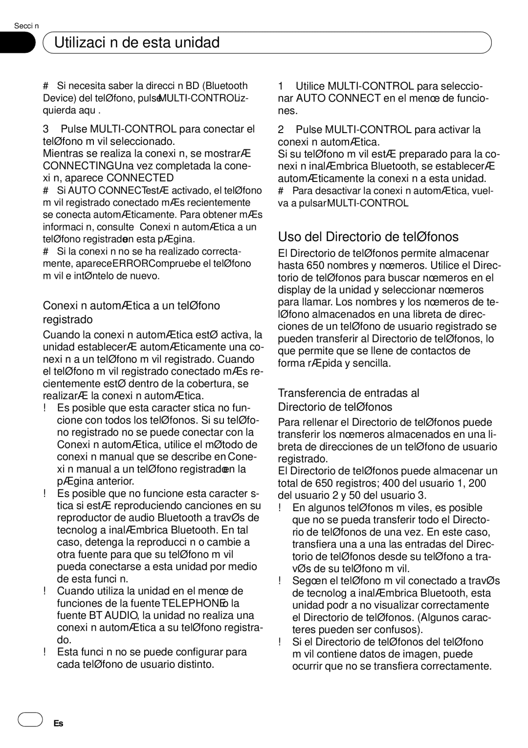 Pioneer DEH-P65BT operation manual Uso del Directorio de teléfonos, Conexión automática a un teléfono registrado 