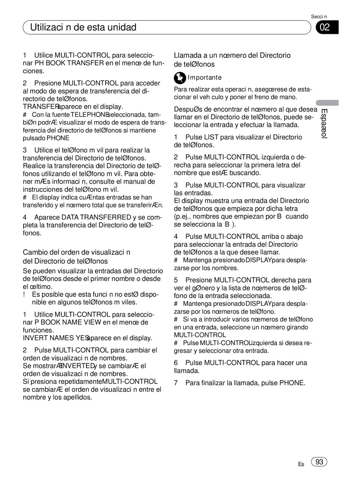 Pioneer DEH-P65BT operation manual Llamada a un número del Directorio de teléfonos, Importante 