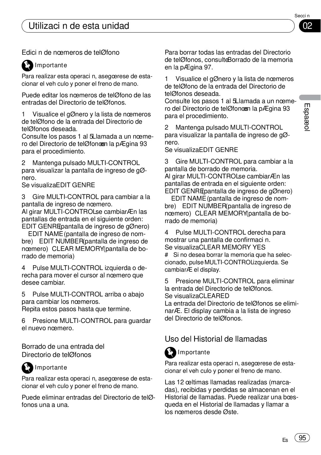 Pioneer DEH-P65BT operation manual Uso del Historial de llamadas, Edición de números de teléfono 