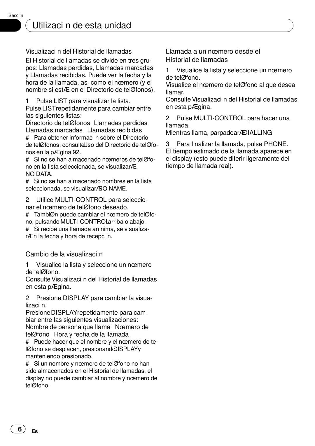 Pioneer DEH-P65BT Visualización del Historial de llamadas, Cambio de la visualización, Nos en la página, No Data 