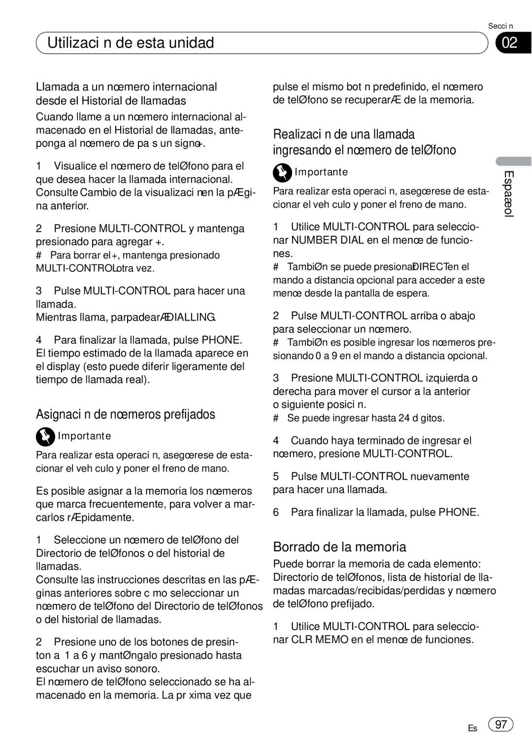 Pioneer DEH-P65BT Asignación de números prefijados, Realización de una llamada ingresando el número de teléfono 