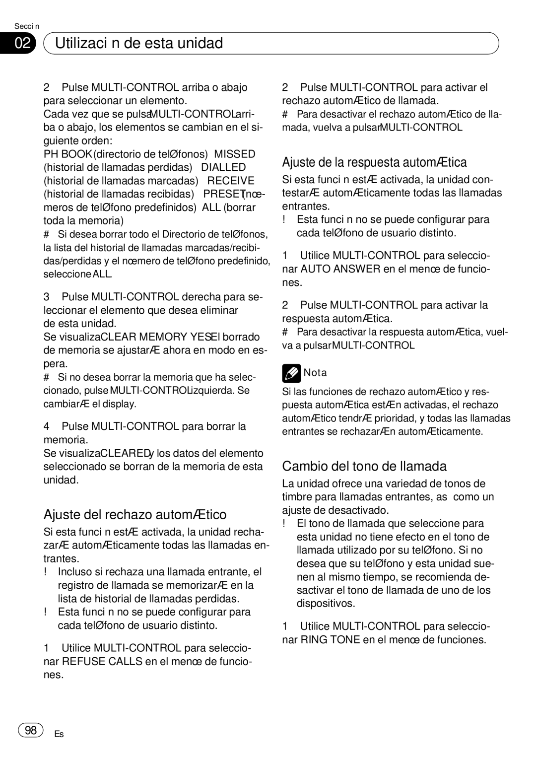 Pioneer DEH-P65BT Ajuste del rechazo automático, Ajuste de la respuesta automática, Cambio del tono de llamada 