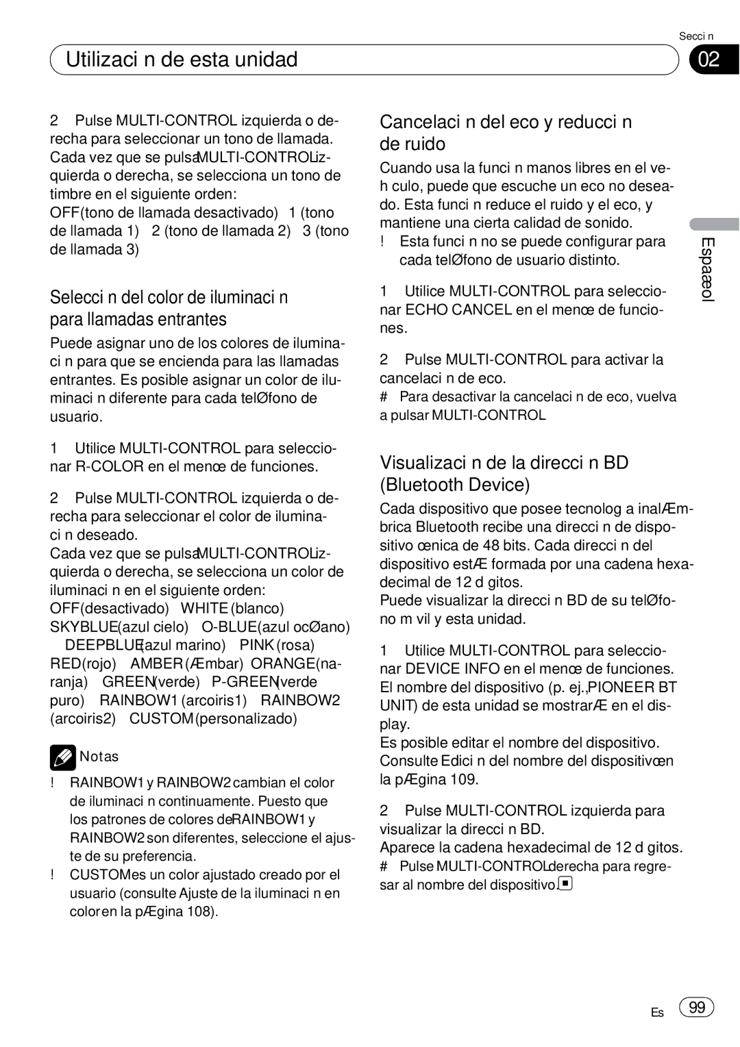 Pioneer DEH-P65BT Selección del color de iluminación para llamadas entrantes, Cancelación del eco y reducción de ruido 