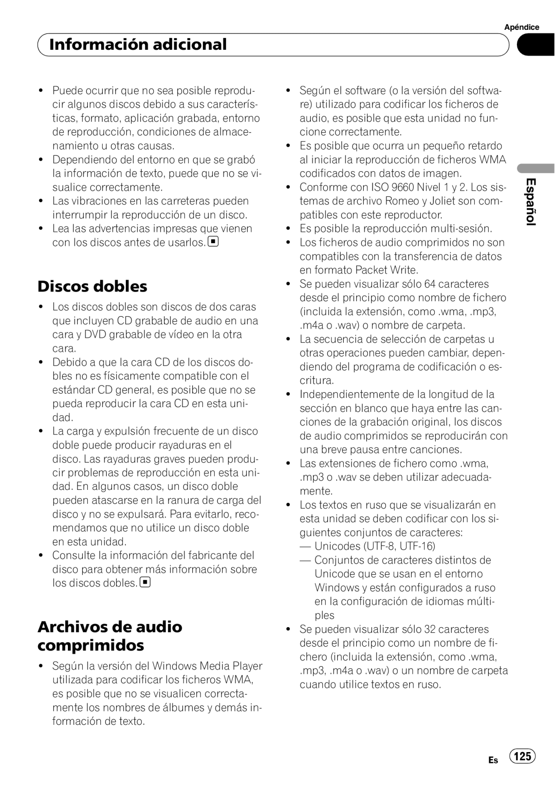 Pioneer DEH-P65BT operation manual Discos dobles, Archivos de audio comprimidos, Información adicional, Español 