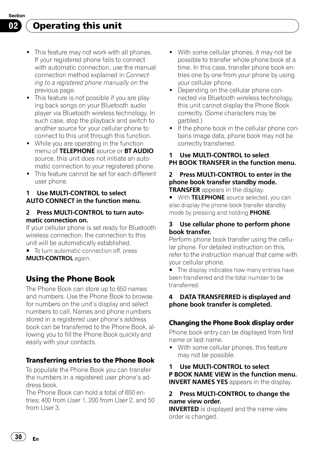 Pioneer DEH-P65BT Using the Phone Book, Transferring entries to the Phone Book, Changing the Phone Book display order 