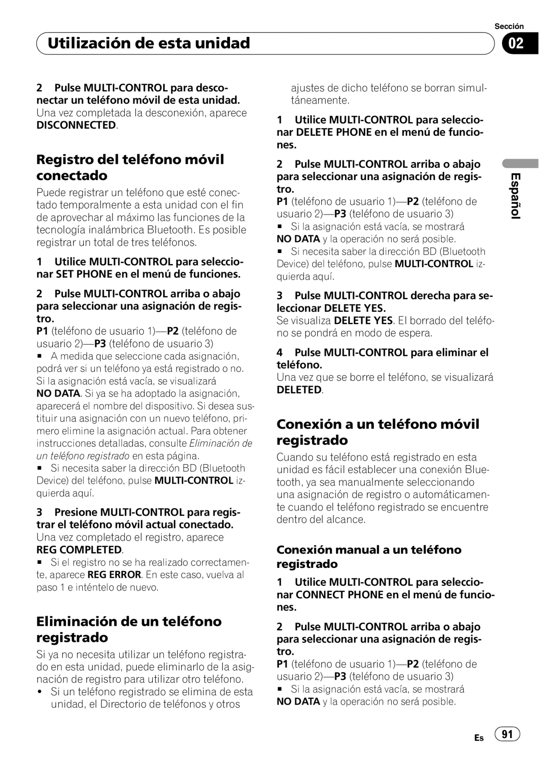 Pioneer DEH-P65BT operation manual Registro del teléfono móvil conectado, Conexión a un teléfono móvil registrado, Español 