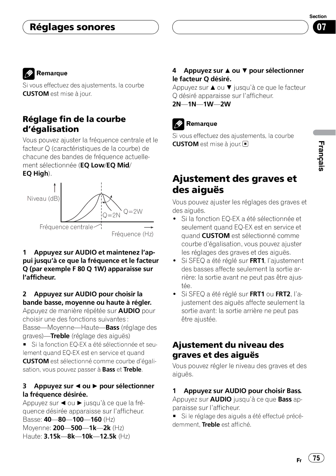 Pioneer DEH-P660 operation manual Niveau dB =2N Q=2W Fréquence centrale Fréquence Hz 