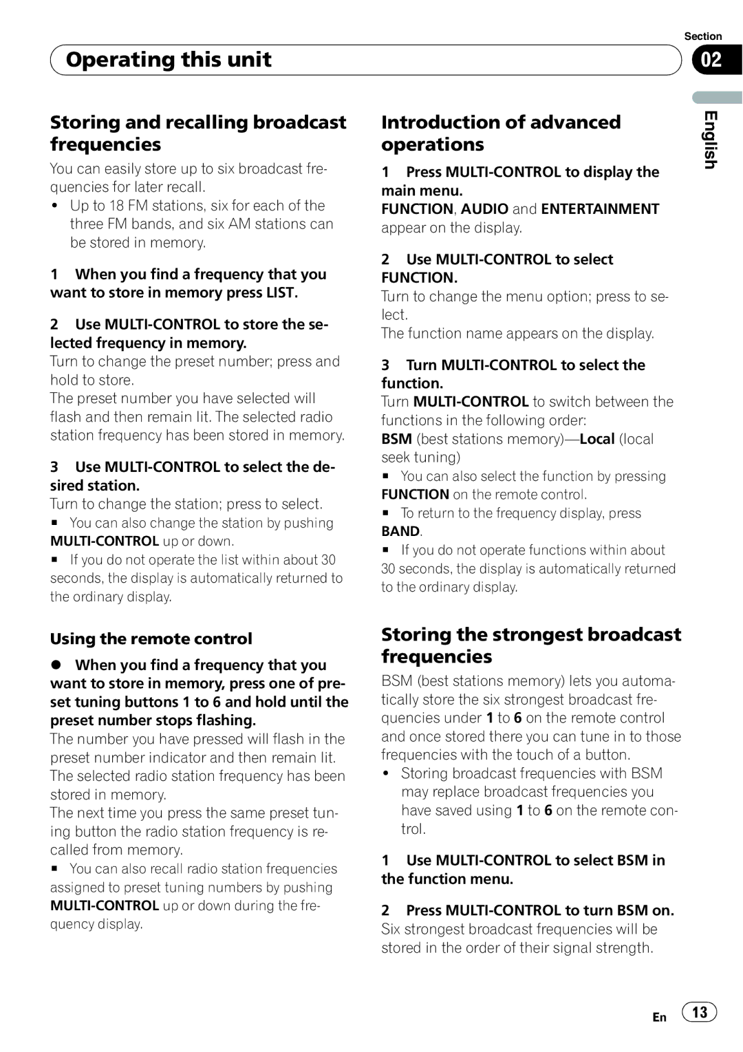 Pioneer DEH-P6900UB operation manual Storing and recalling broadcast frequencies, Introduction of advanced operations 