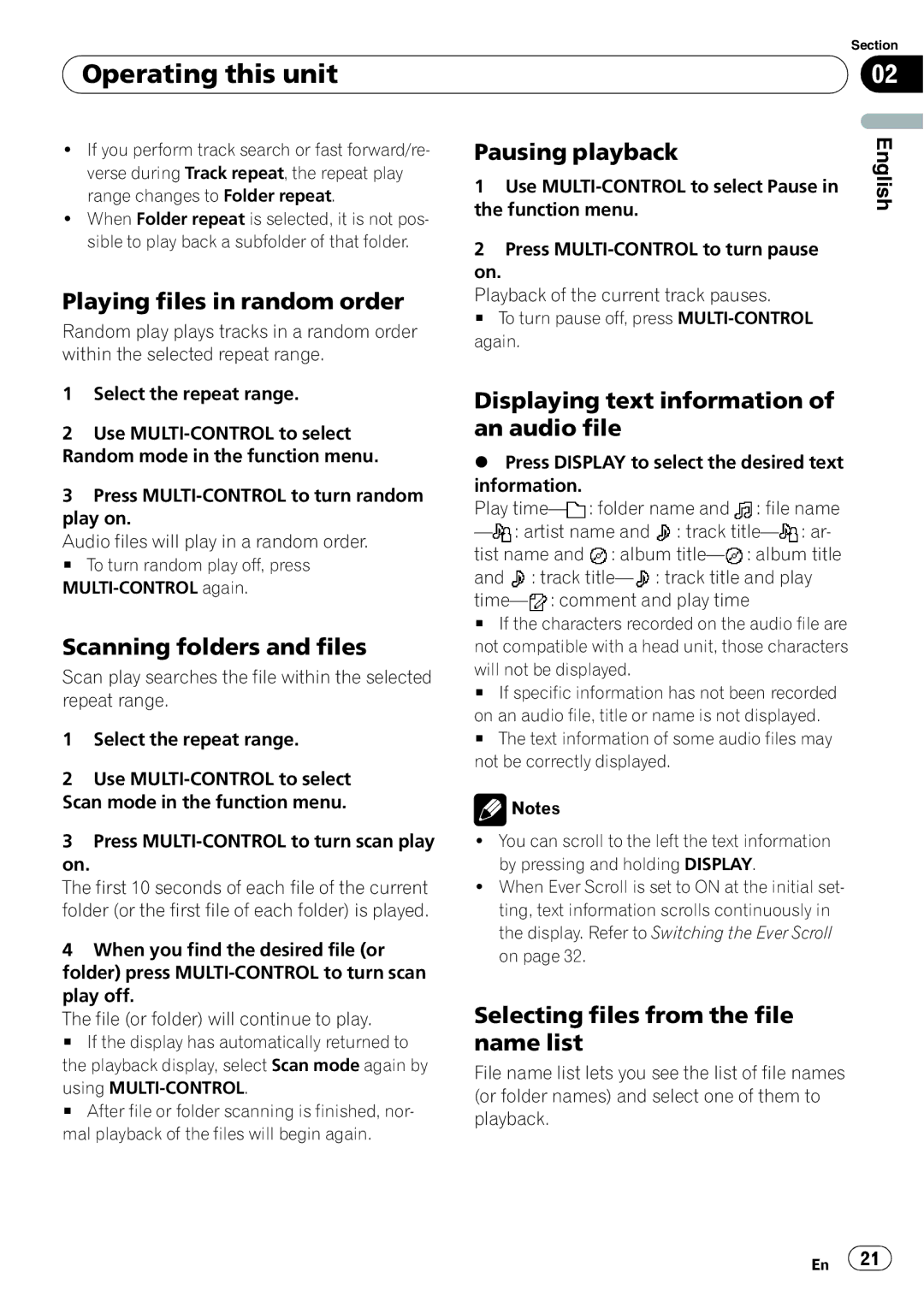 Pioneer DEH-P6900UB operation manual Playing files in random order, Scanning folders and files, Pausing playback 