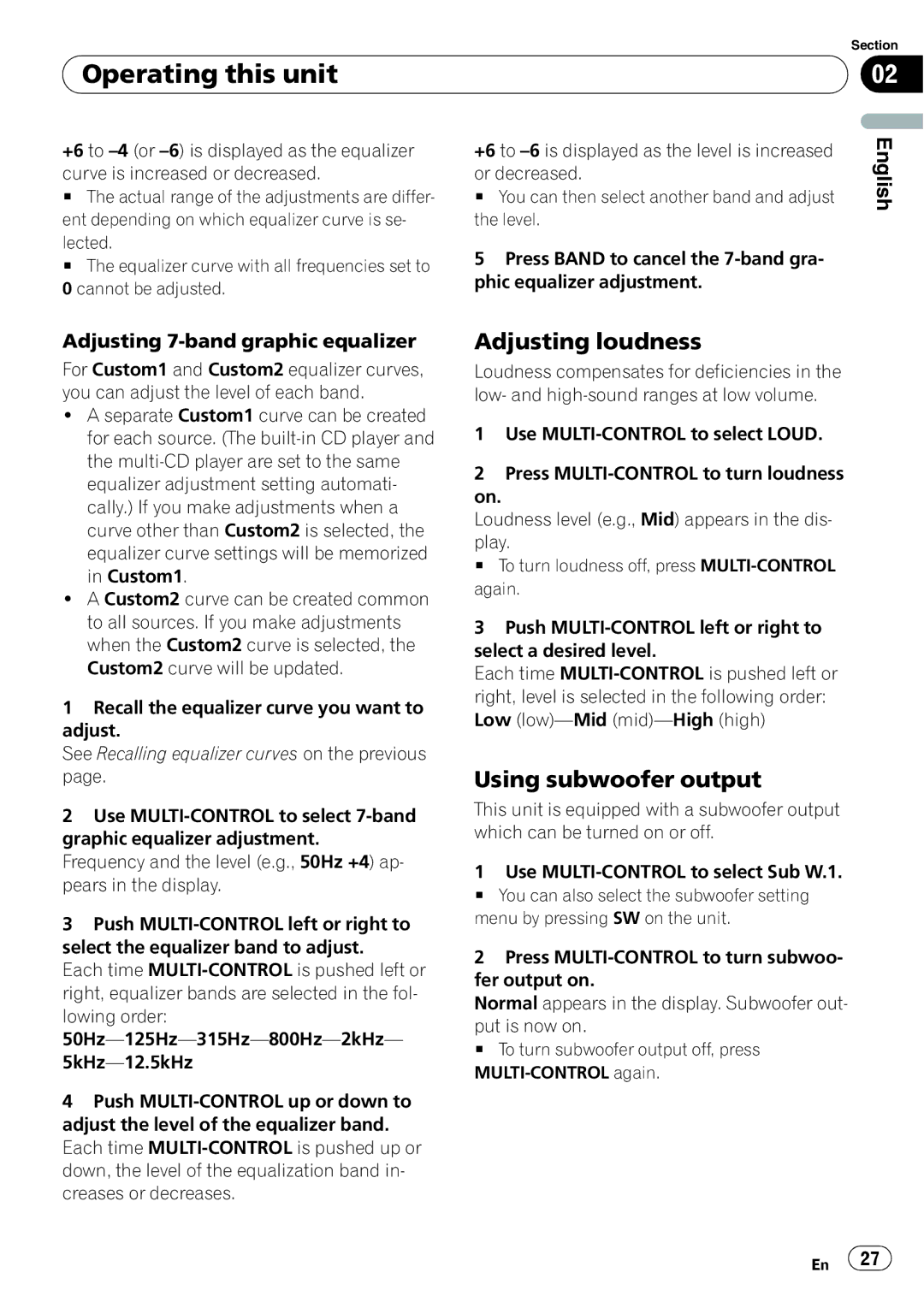 Pioneer DEH-P6900UB operation manual Adjusting loudness, Using subwoofer output, Adjusting 7-band graphic equalizer 