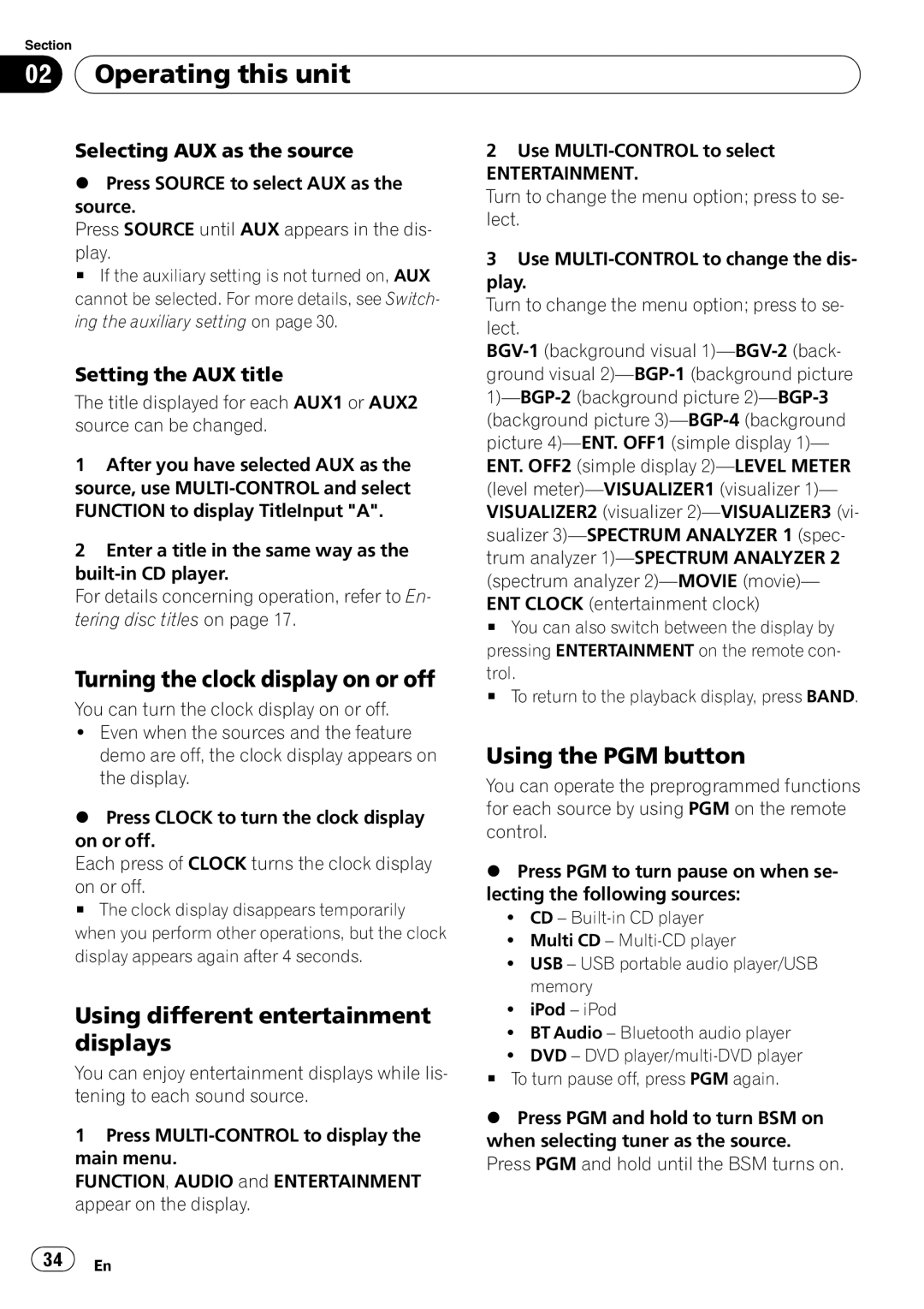 Pioneer DEH-P6900UB Turning the clock display on or off, Using different entertainment displays, Using the PGM button 