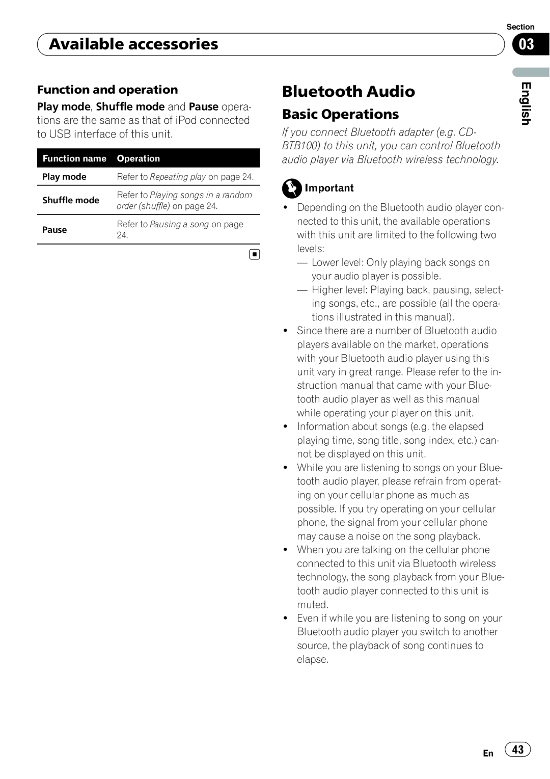 Pioneer DEH-P6900UB operation manual Bluetooth Audio, Function and operation 