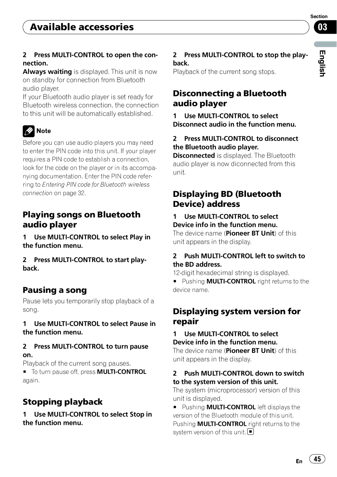 Pioneer DEH-P6900UB Disconnecting a Bluetooth audio player, Displaying BD Bluetooth Device address, Stopping playback 