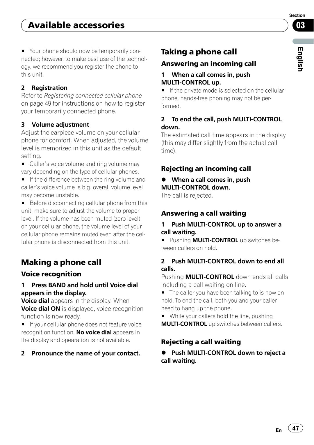 Pioneer DEH-P6900UB operation manual Making a phone call, Taking a phone call 