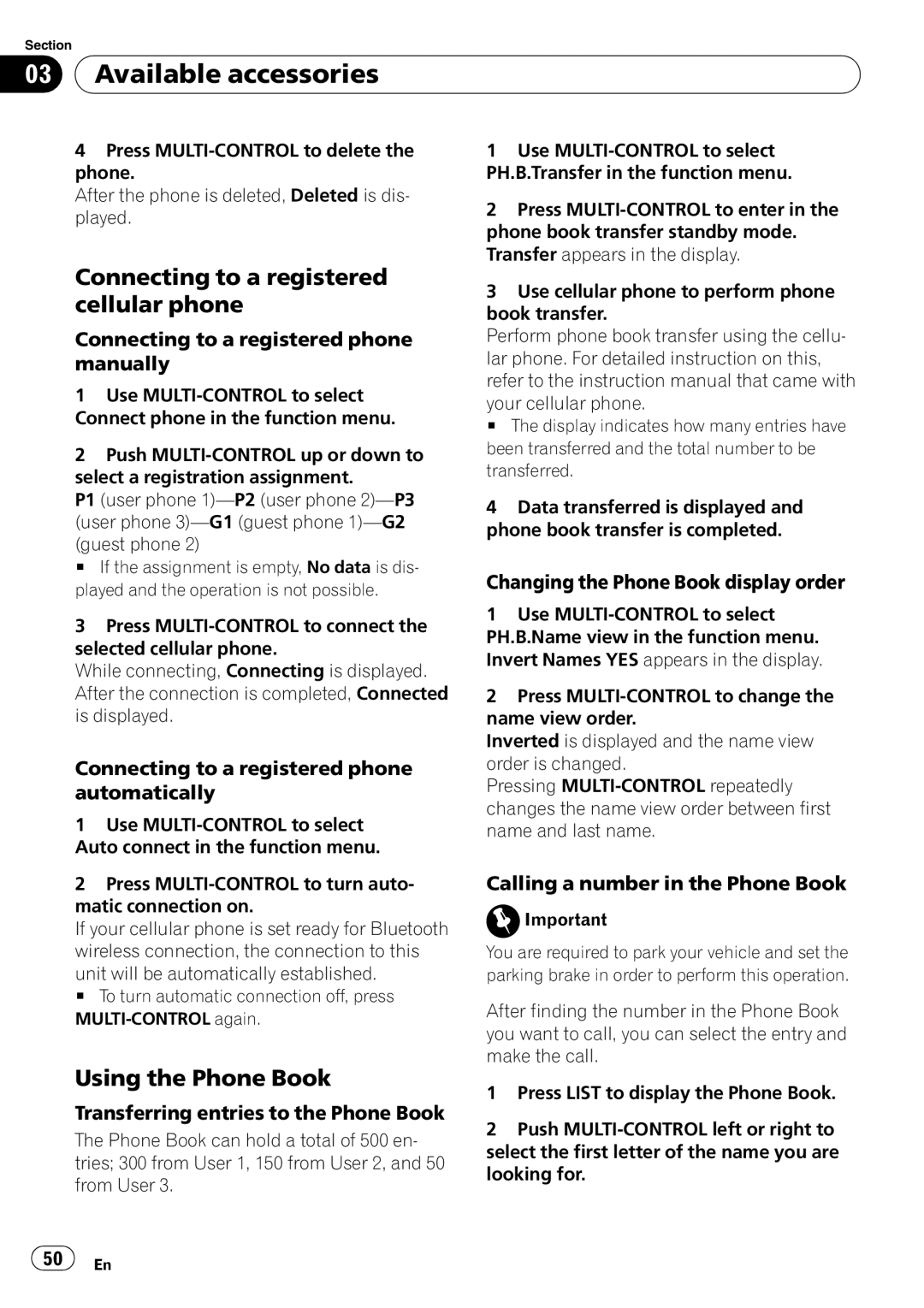 Pioneer DEH-P6900UB operation manual Connecting to a registered cellular phone, Using the Phone Book 