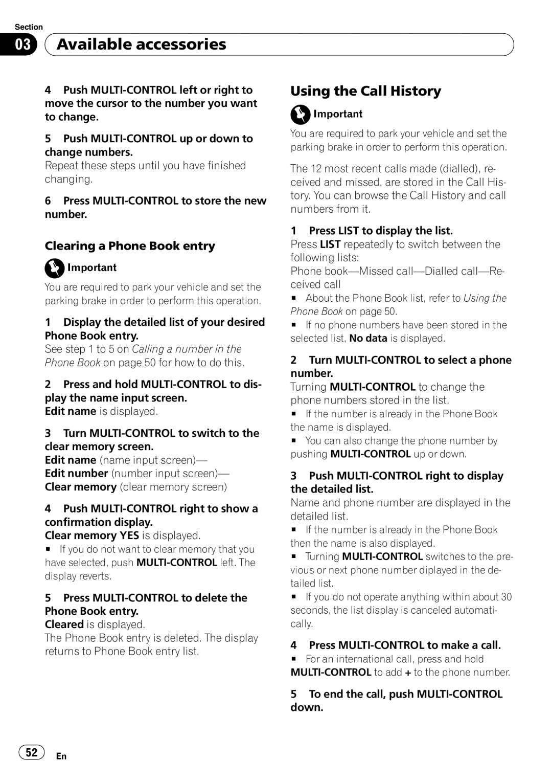 Pioneer DEH-P6900UB operation manual Using the Call History, Clearing a Phone Book entry 