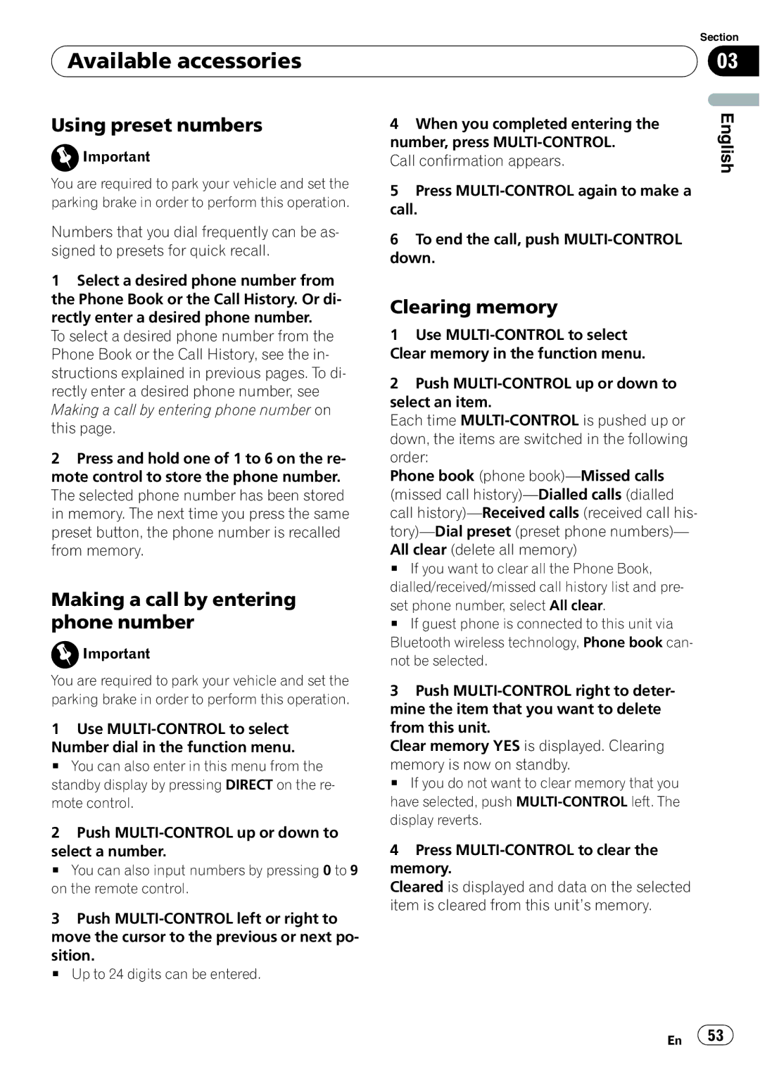 Pioneer DEH-P6900UB operation manual Using preset numbers, Making a call by entering phone number, Clearing memory 