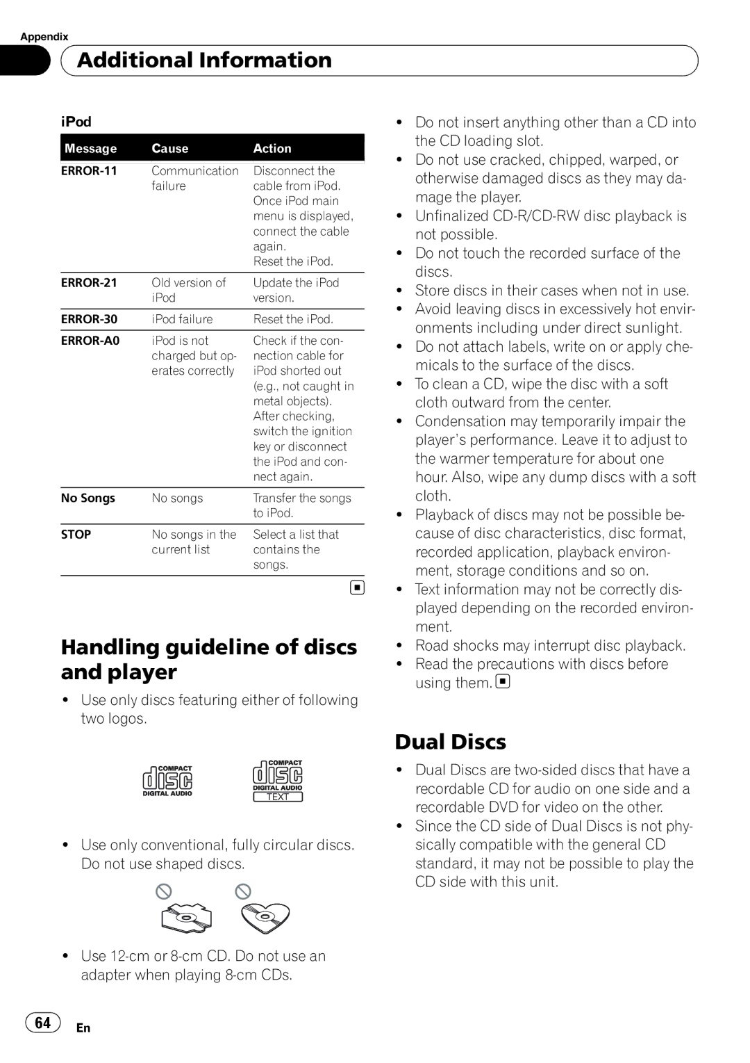 Pioneer DEH-P6900UB operation manual Additional Information, Handling guideline of discs and player, Dual Discs 