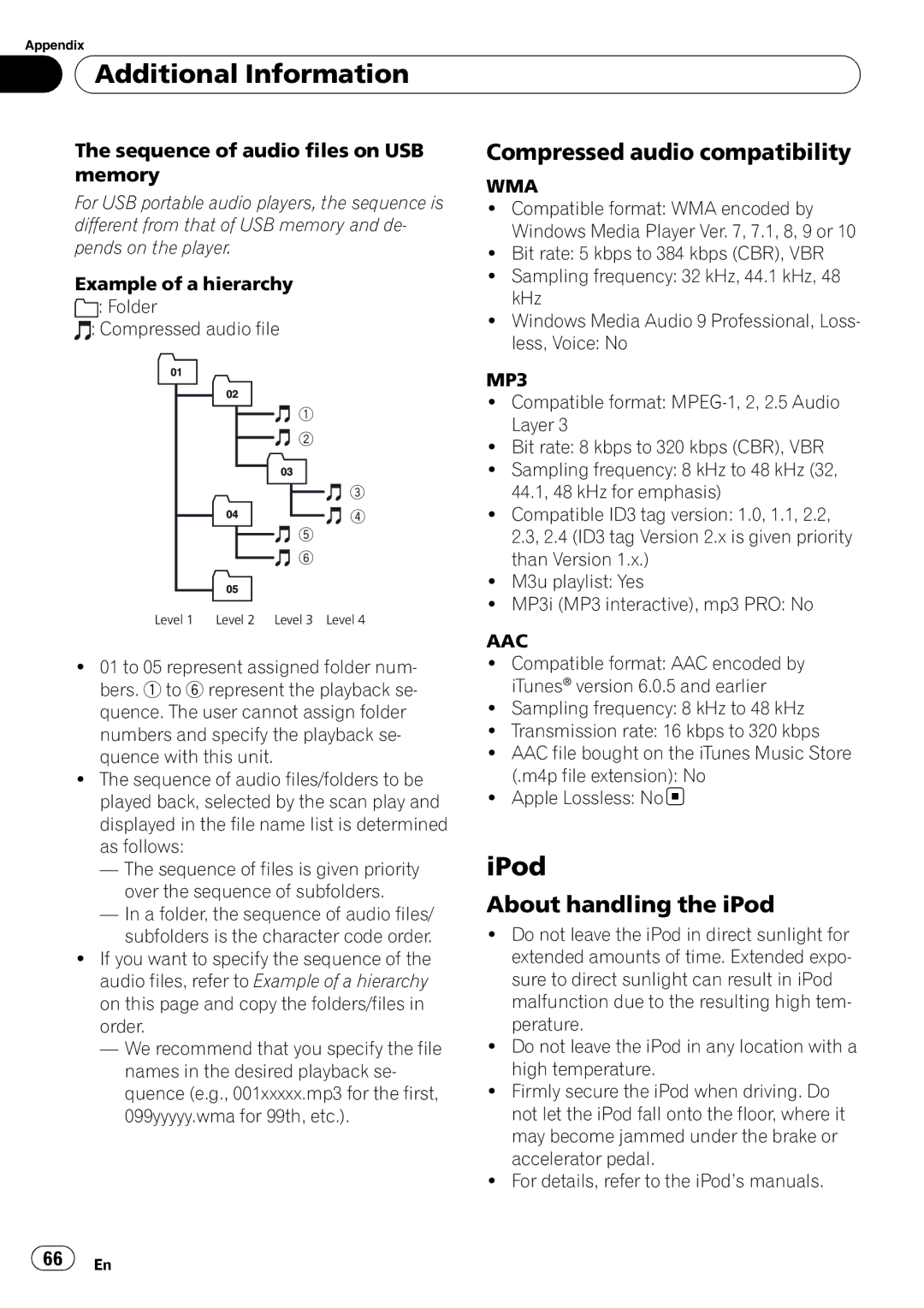 Pioneer DEH-P6900UB IPod, Compressed audio compatibility, About handling the iPod, Sequence of audio files on USB memory 