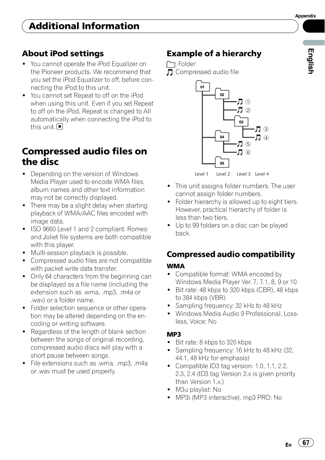 Pioneer DEH-P6900UB operation manual Compressed audio files on the disc, About iPod settings, Example of a hierarchy 