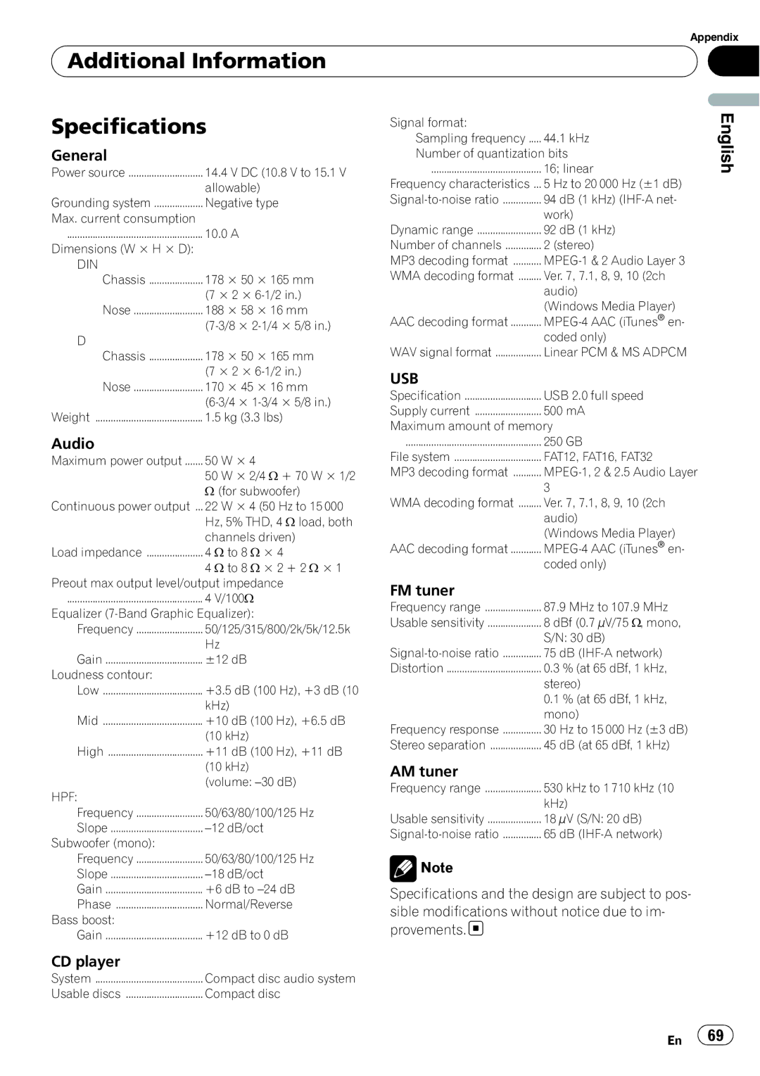 Pioneer DEH-P6900UB operation manual Additional Information Specifications, Usb 