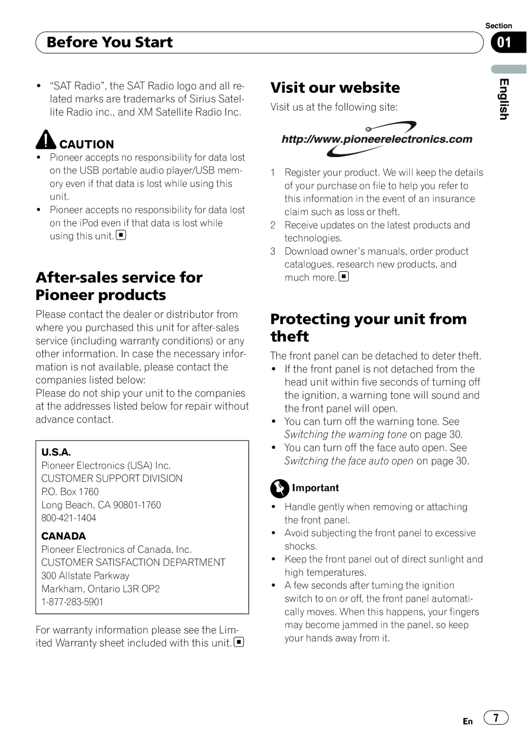 Pioneer DEH-P6900UB Visit our website, After-sales service for, Pioneer products, Protecting your unit from theft, Canada 