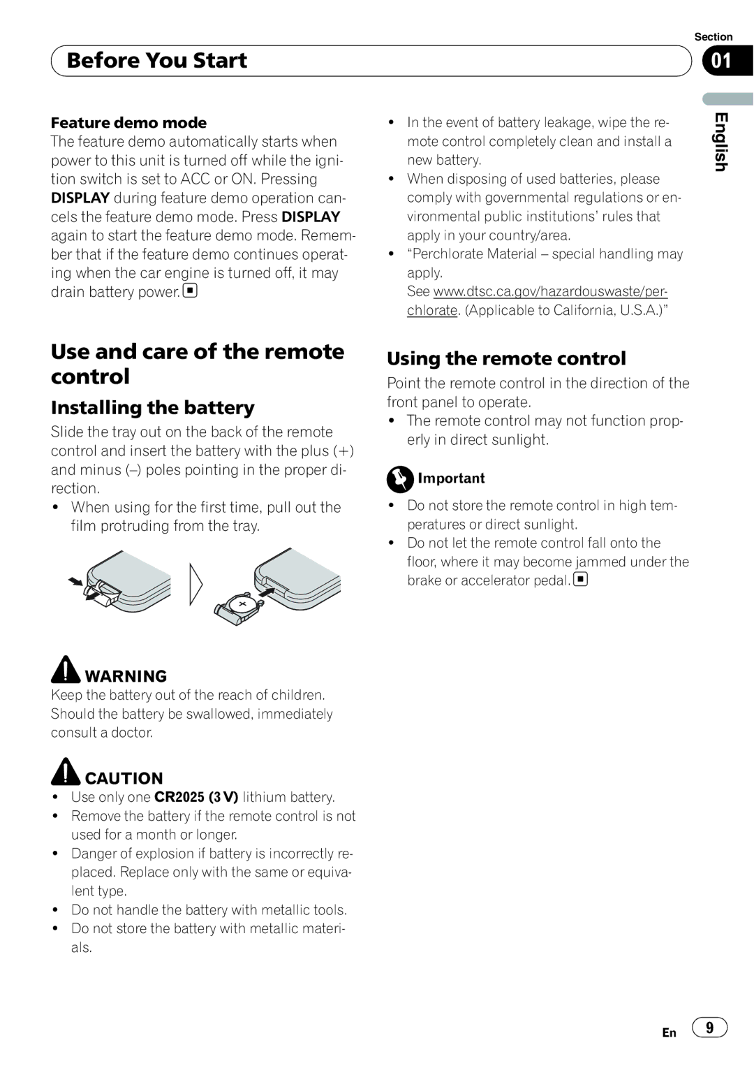 Pioneer DEH-P6900UB operation manual Use and care of the remote control, Installing the battery, Using the remote control 