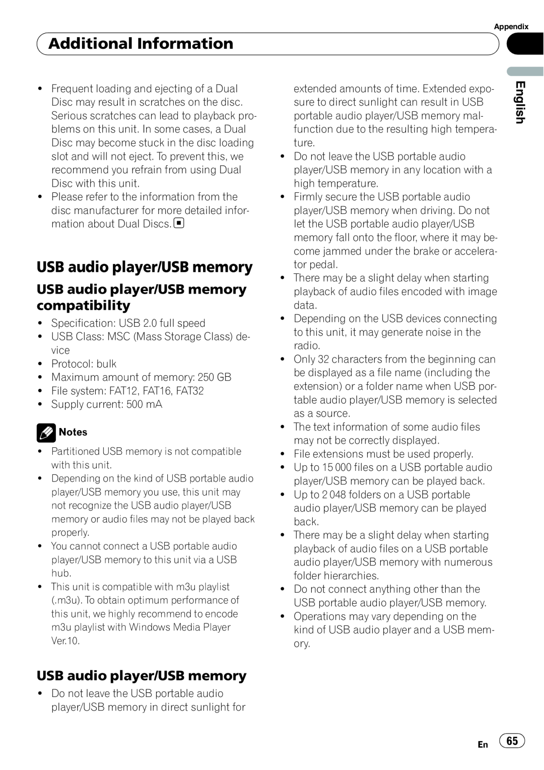 Pioneer DEH-P6900UB operation manual USB audio player/USB memory compatibility, Additional Information, English 
