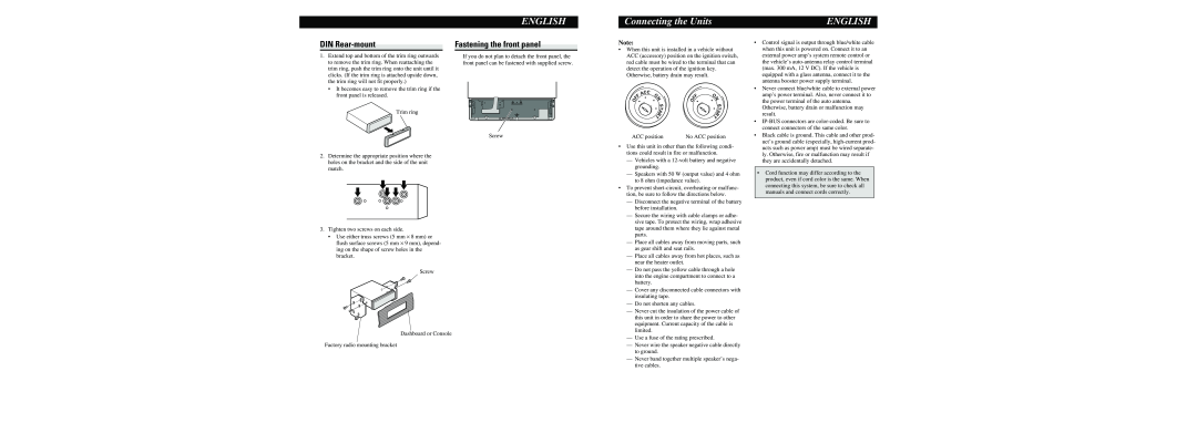 Pioneer DEH-P6900UB operation manual English, Connecting the Units, DIN Rear-mount, Fastening the front panel, ACC position 