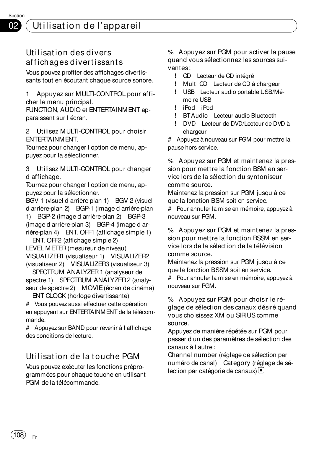 Pioneer DEH-P690UB operation manual Utilisation des divers affichages divertissants, Utilisation de la touche PGM, 108 Fr 