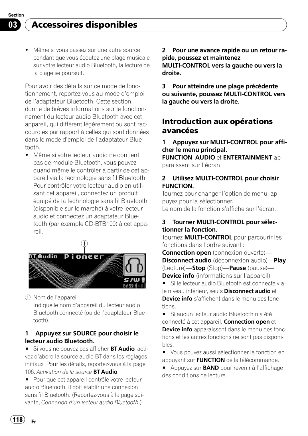 Pioneer DEH-P690UB operation manual 118 Fr, 106, Activation de la source BT Audio 