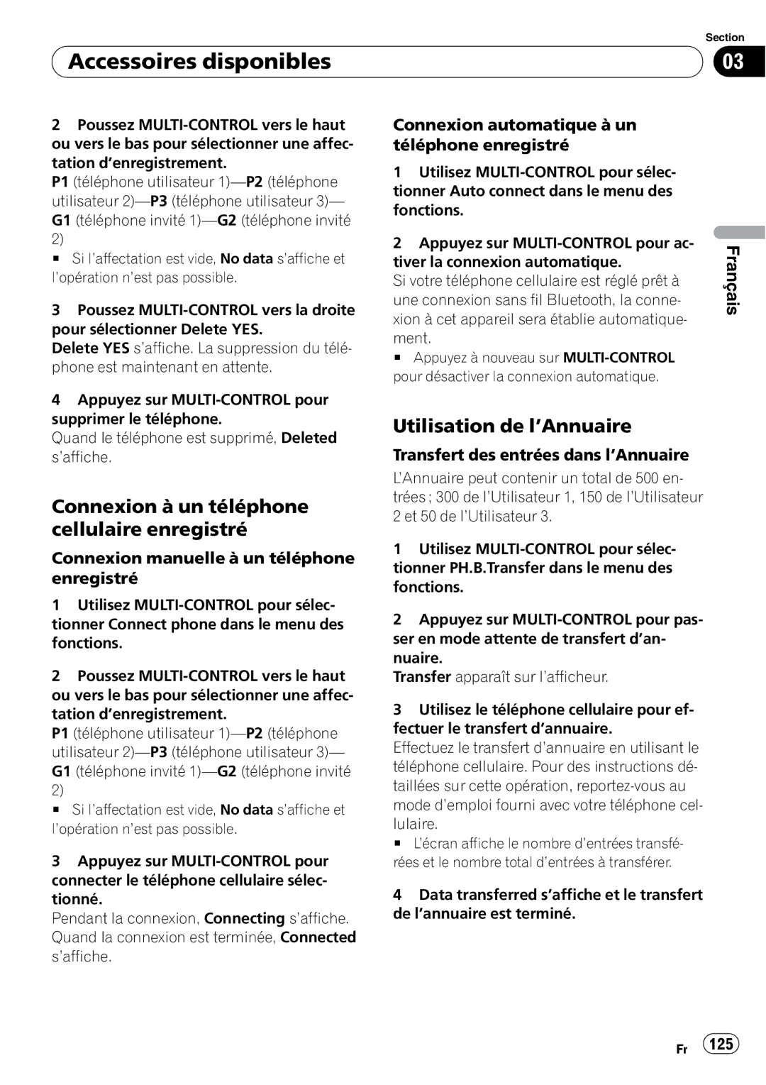 Pioneer DEH-P690UB operation manual Connexion à un téléphone cellulaire enregistré, Utilisation de l’Annuaire 