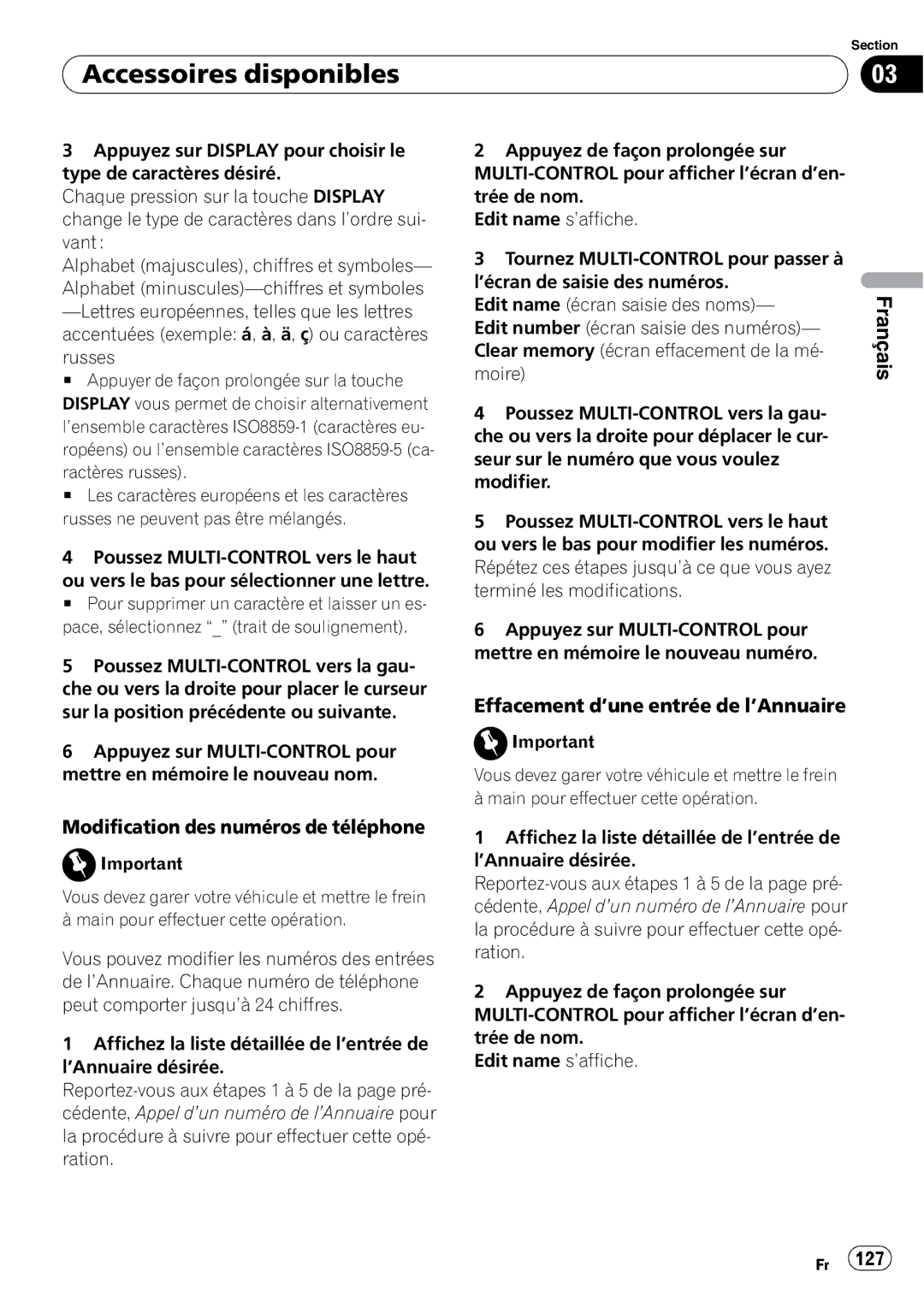 Pioneer DEH-P690UB Effacement d’une entrée de l’Annuaire, Modification des numéros de téléphone, Russes, Ractères russes 