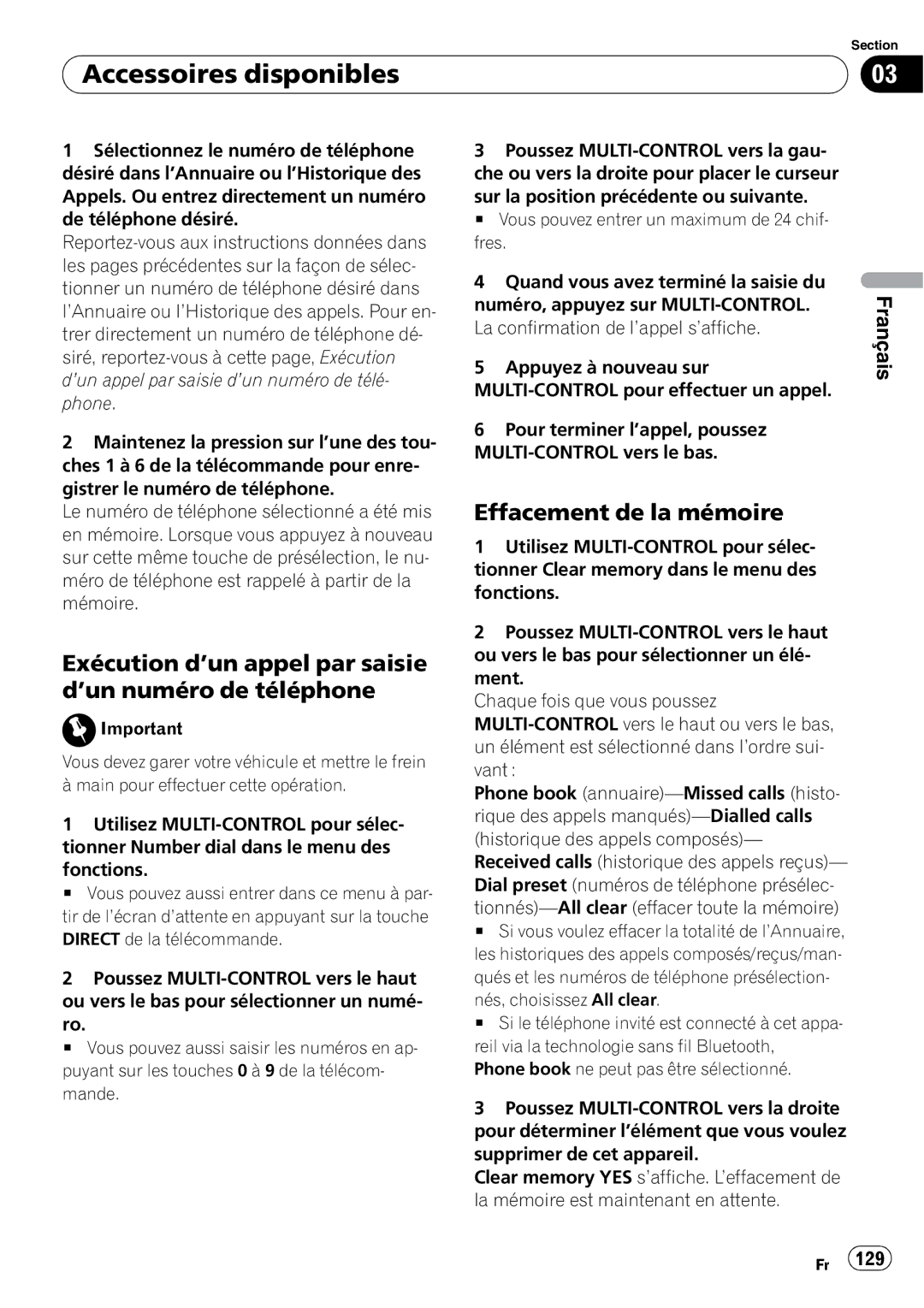 Pioneer DEH-P690UB operation manual Exécution d’un appel par saisie d’un numéro de téléphone, Effacement de la mémoire 