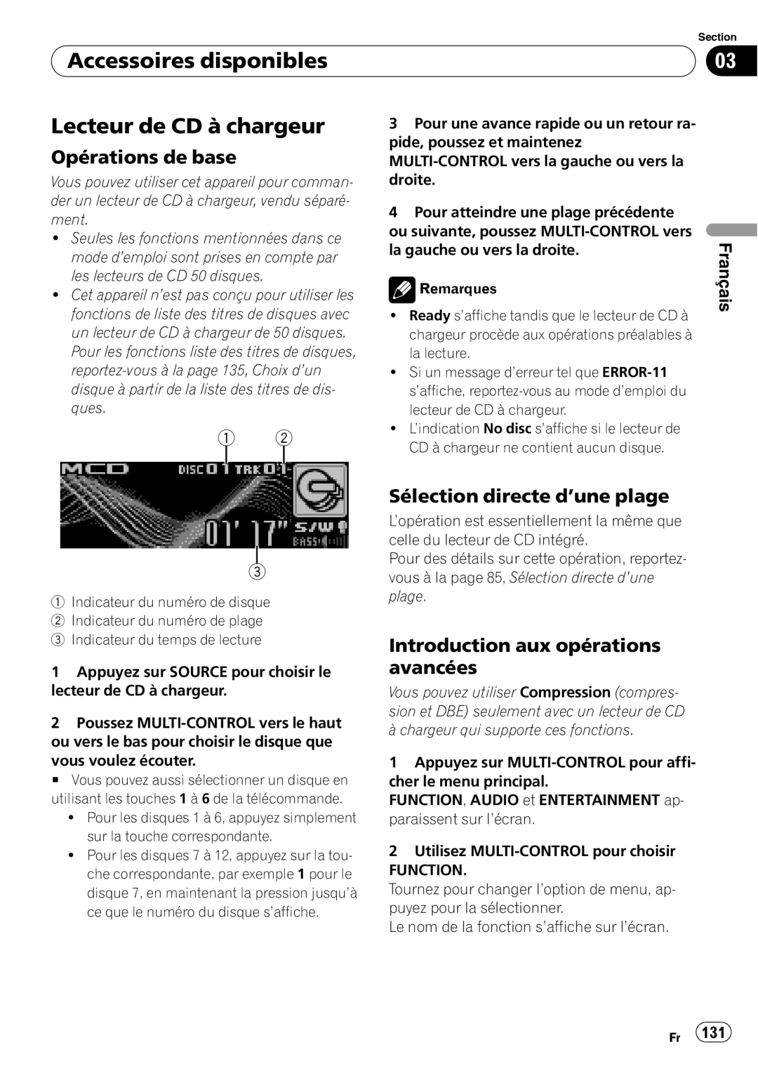 Pioneer DEH-P690UB operation manual Accessoires disponibles Lecteur de CD à chargeur, Opérations de base 