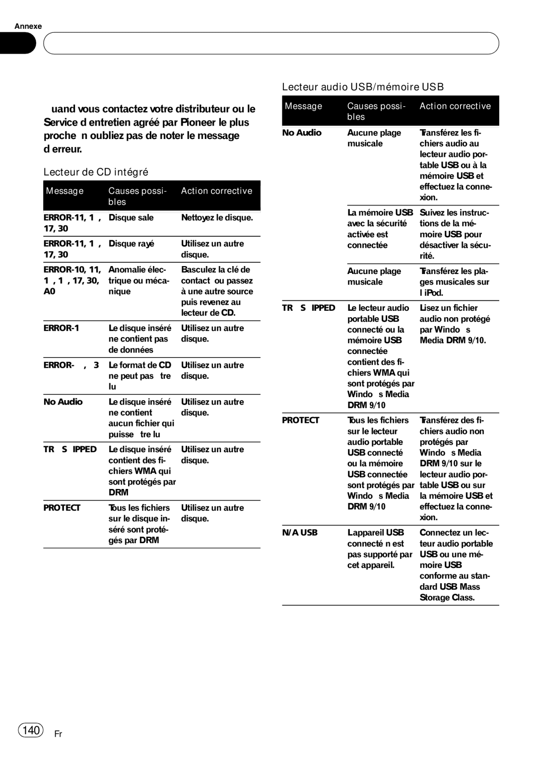 Pioneer DEH-P690UB operation manual Informations complémentaires Messages d’erreur, 140 Fr 