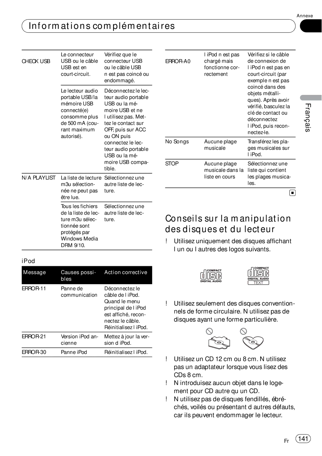 Pioneer DEH-P690UB operation manual Informations complémentaires, Conseils sur la manipulation des disques et du lecteur 