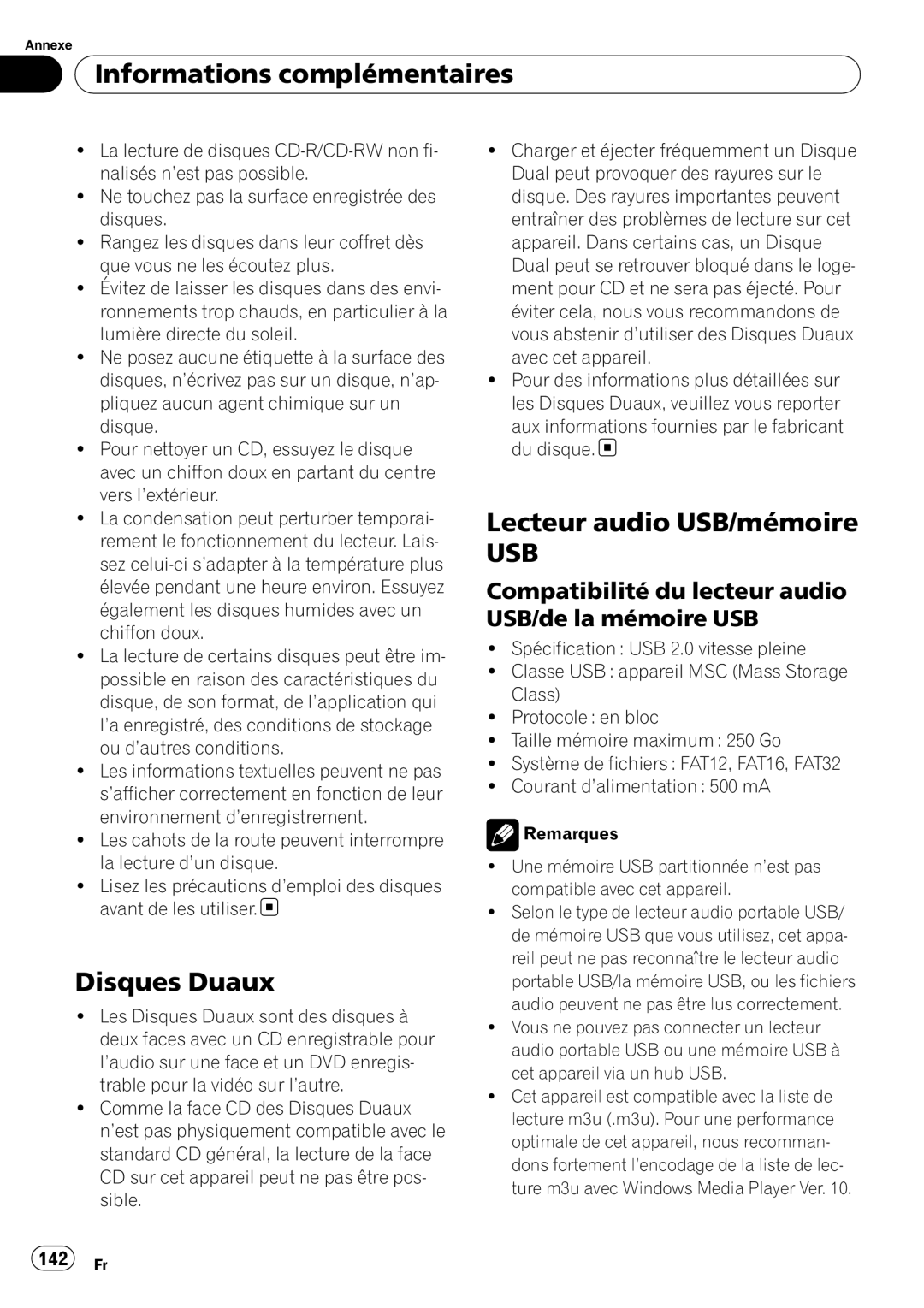 Pioneer DEH-P690UB Disques Duaux, Lecteur audio USB/mémoire, Compatibilité du lecteur audio USB/de la mémoire USB, 142 Fr 