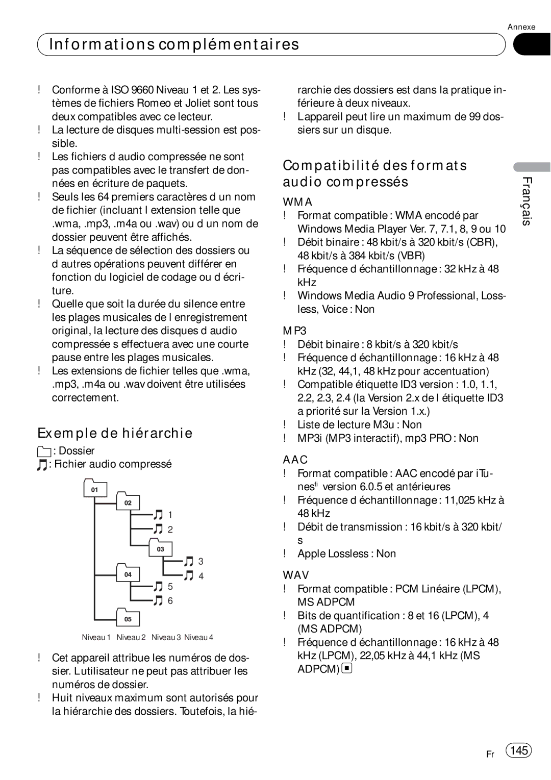 Pioneer DEH-P690UB Exemple de hiérarchie, Dossier Fichier audio compressé, Format compatible PCM Linéaire Lpcm 