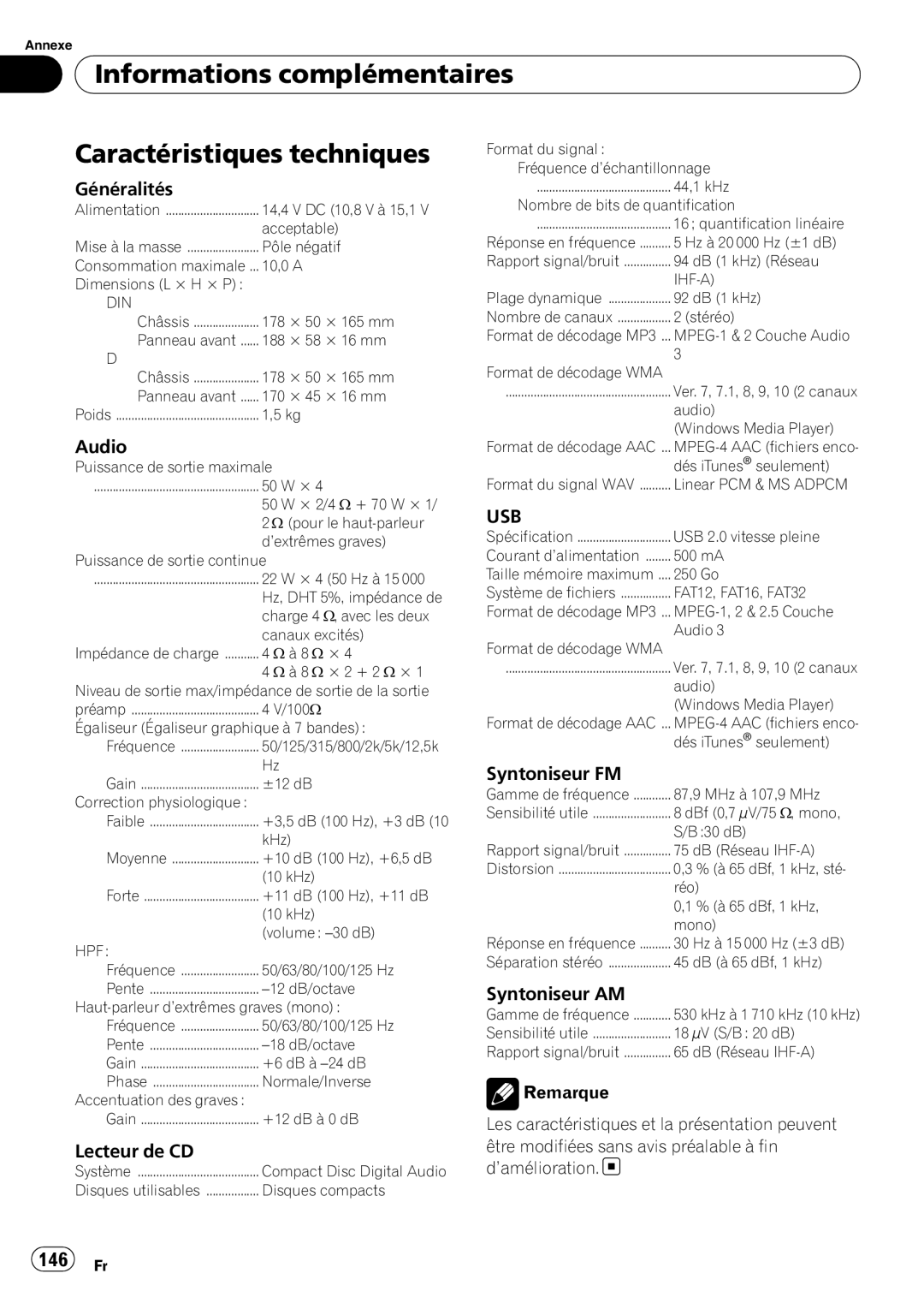 Pioneer DEH-P690UB operation manual Informations complémentaires Caractéristiques techniques, 146 Fr 