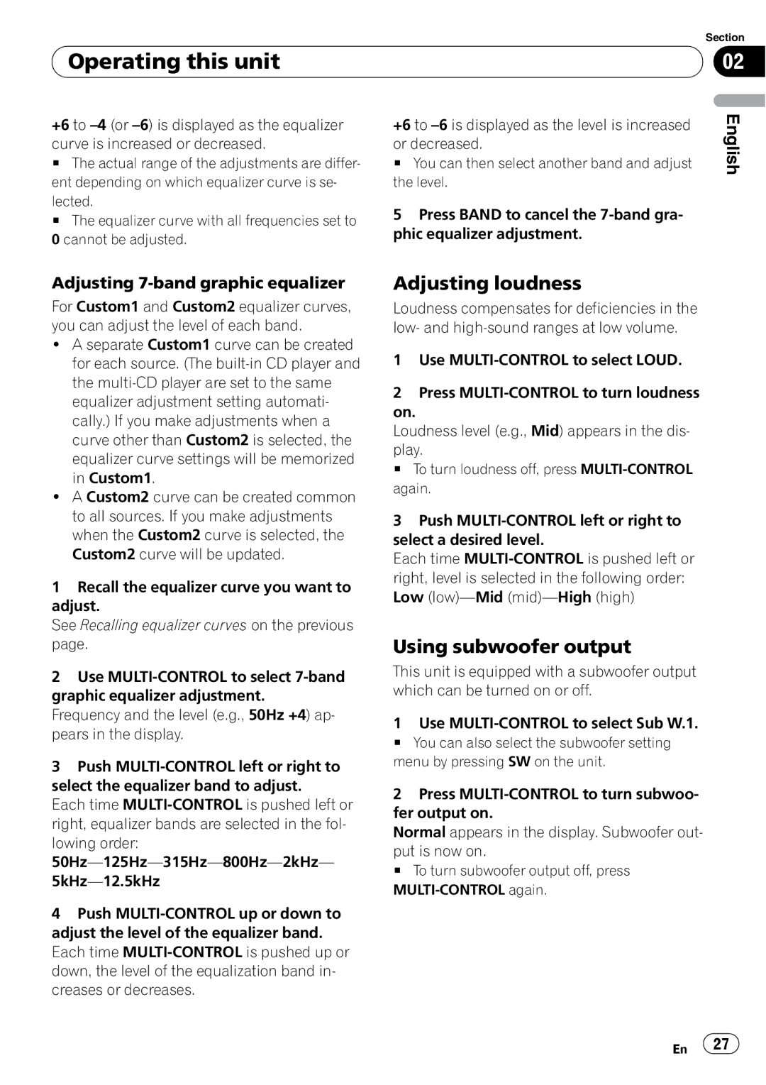 Pioneer DEH-P690UB operation manual Adjusting loudness, Using subwoofer output, Adjusting 7-band graphic equalizer 