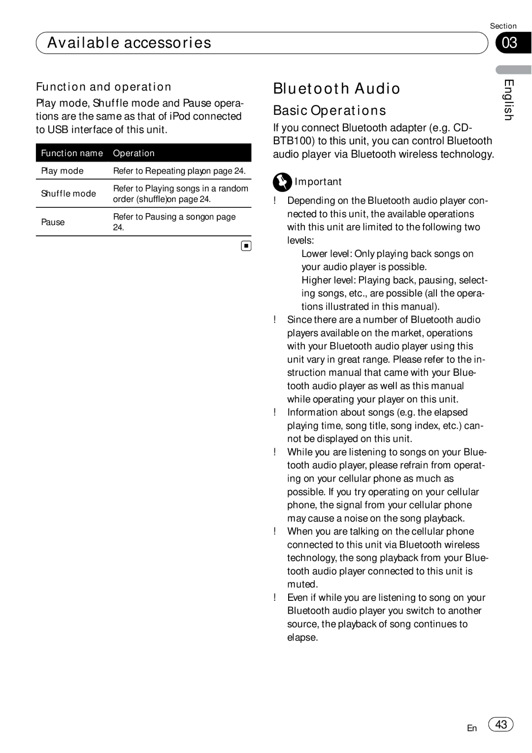 Pioneer DEH-P690UB operation manual Bluetooth Audio, Function and operation 