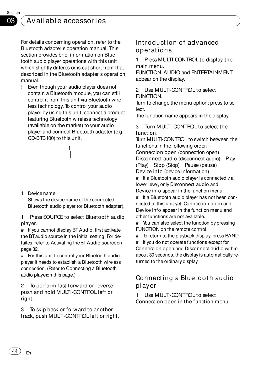 Pioneer DEH-P690UB operation manual Connecting a Bluetooth audio player, Press Source to select Bluetooth audio Player 